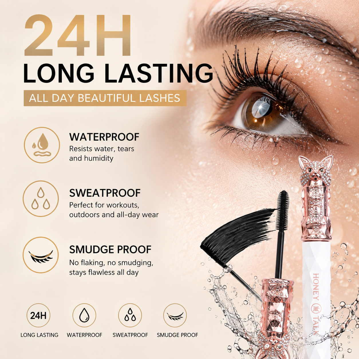 Honey Talk Mascara is long, thin, curly, thick, non-smudgy, long-lasting, waterproof and sweat resistant