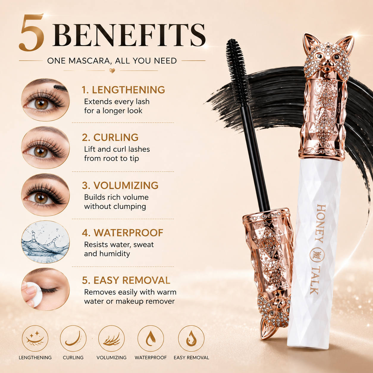 Honey Talk Mascara is long, thin, curly, thick, non-smudgy, long-lasting, waterproof and sweat resistant